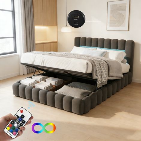 Lit adulte 140x200 cm avec sommier, lit coffre avec éclairage LED et chargement USB Type C, rangement hydraulique, cadre de lit, 2 personnes, lin, gris (1/5)