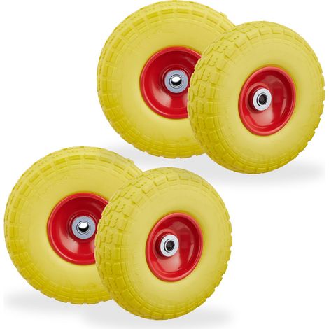 Set of 4 Relaxdays Wheelbarrow Tyres, Puncture-Proof Solid Rubber, 4.1/3.5-4, 16 mm Axle, Spare Wheel, Yellow/Red