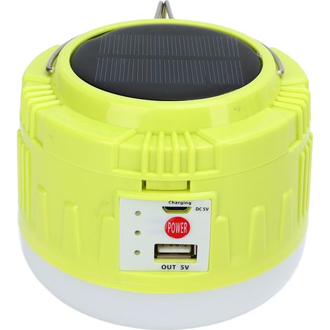 Lampe LED solaire rechargeable pour camping, tente, lanterne jaune avec crochet, extérieur. (1/5)