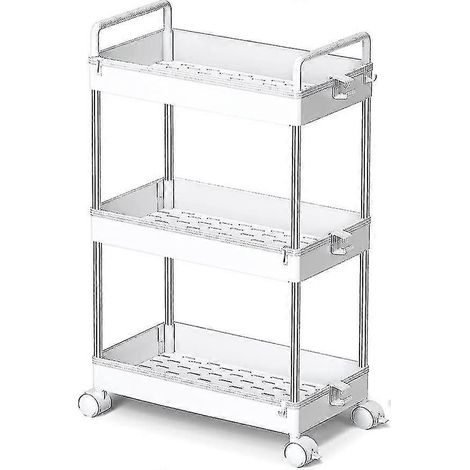 Chariot de rangement classique à 3 niveaux, chariot de rangement étroit à roulettes avec tiroir coulissant, organisateur de rangement en plastique pour salle de bain et buanderie (1/5)