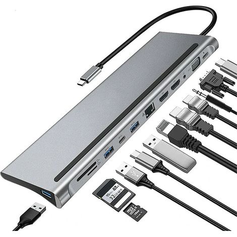 12-in-1 Type-C Docking Station USB-C Hub Splitter Adaptor with Dual 4K HDMI USB-C PD3.0 USB-C Data Transfer Port Card Readers Multiport Hub (1/5)