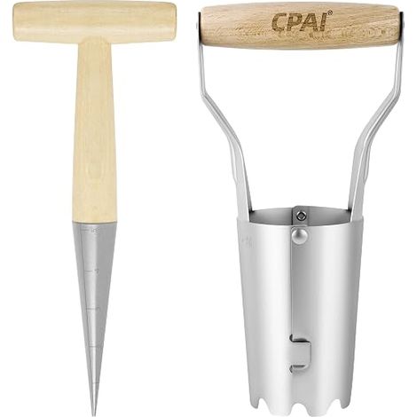 Garden Punch Tool, Bulb Planter with Iron Tip and Wooden Handle, Garden Tool with Graduation and Wooden Handle, Hole Punch + Seedling Transplanter