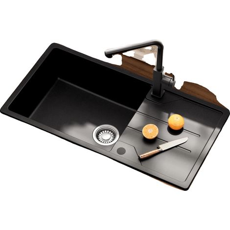 Évier de cuisine, sous plan, composite en résine quartz, noir (1/5)