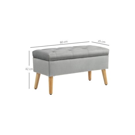 Banc coffre gris en bois d'hévéa avec assise rembourrée, aspect velours et rangement pour entrée, chambre et salon (1/5)