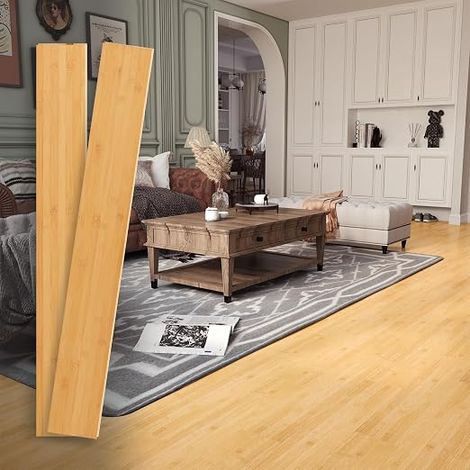 Carbonized Solid Bamboo Flooring - Simple DIY Flooring Interlocking Boards for Living Dining Room and Bedroom (2 Pieces, 40.2" L x 5.1" W x 0.6" D) (1/5)