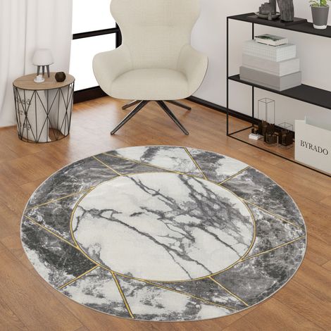 Paco Home Teppich Wohnzimmer Kurzflor Marmor Design Bordüre Geometrisch Grau Gold 160 cm Rund