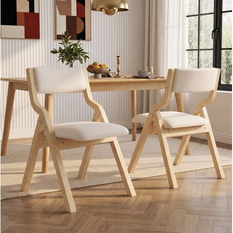 Lot de 2 chaises de salle à manger pliantes en bois et lin, beige, 81 x 49 x 55 cm (1/5)