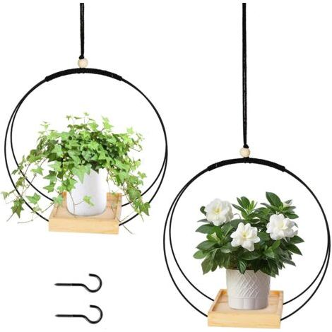 Lot de 2 pots de fleurs suspendus en métal noir avec socle en bois - Pour plantes d'intérieur, plantes grasses, plantes aériennes, cactus (1/5)