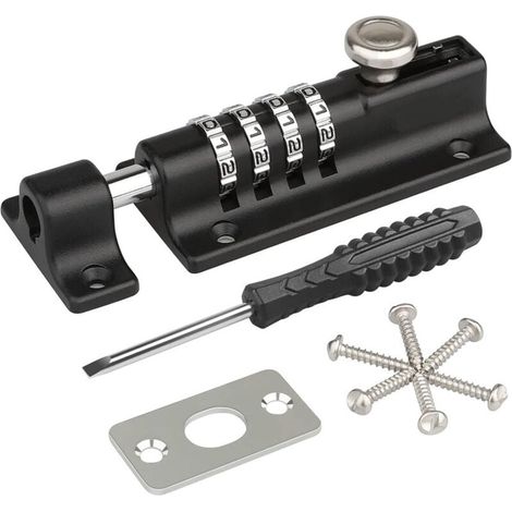 Loquet à combinaison , [avec tournevis] Serrure de porte à code, serrure à combinaison étanche à 4 chiffres avec vis de fixation de sécurité pour armoire, garage, abri de jardin (1 pièce) (1/4)