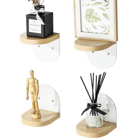 Lot de 4 Petites Etagere Murale, Tablettes Flottantes en Bois avec Piètement en Métal pour Petits Objets, Tablette Murale de Décoration Rustique pour Chambre, Salon, Blanc 10x10CM, Visser (1/5)