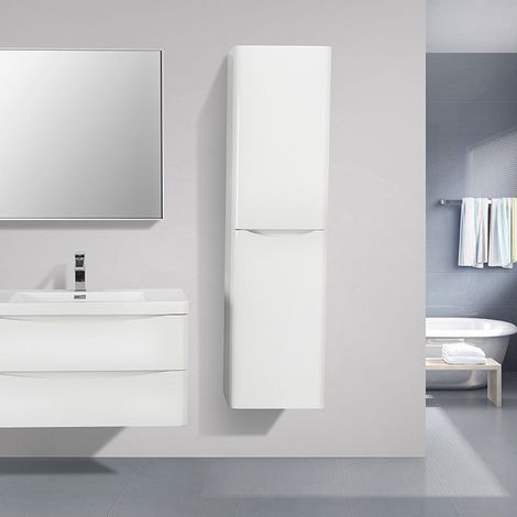 Stano. – Colonne de salle de bain suspendue 150 cm – Armoire de rangement blanc laqué – 2 portes – Charnières avec amortisseurs – Espaces de rangement optimisés