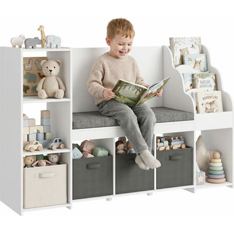 Estantería Infantil Juguetes con Rincón de Lectura Cojín 3 Cajones de Tela 3 Estantes 4 Cubículos 137x40x80 cm Blanco (1/5)