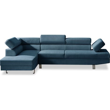 Canapé d'angle gauche avec têtières relevables Palerme velours côtelé bleu