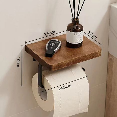 Porte-papier toilette mural en noyer naturel avec étagère, support pour rouleau de papier toilette et barre porte-essuie-tout en acier inoxydable 304. (1/5)