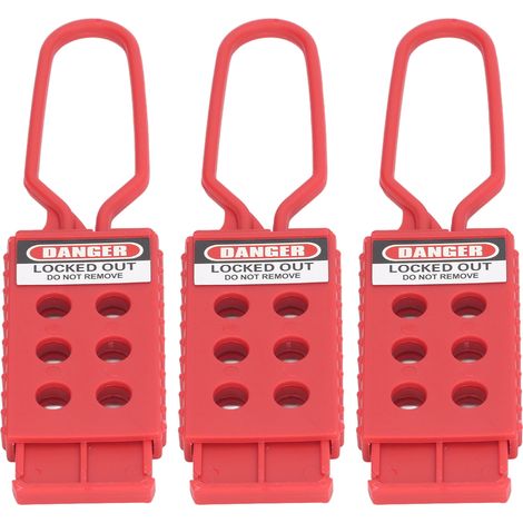 Lot de 3 moraillons de consignation à 6 trous pour isolation électrique, destinés à la maintenance et aux arrêts techniques. Diamètre des trous : 9 mm. (1/5)