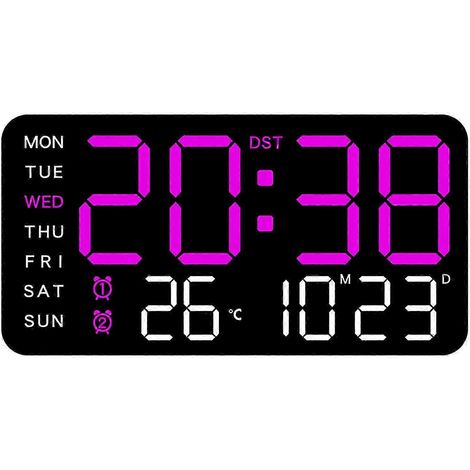 Une horloge numérique moderne sans cadre, idéale pour les bureaux, dotée d'un grand écran LED, de deux alarmes, et convenant également aux chambres et aux salons, avec un éclairage noir et violet. (1/5)