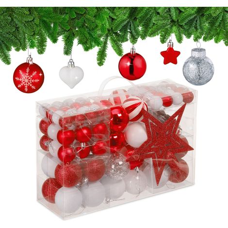 Relaxdays Boules de Noël, lot de 101, en plastique, décoration de sapin, cœurs, étoiles et cimier, rouge/blanc