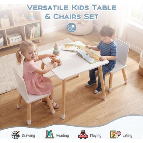 Pour enfants de 3 à 7 ans Table d'activité et 2 chaises Chambre et salle de jeux Pieds en pin naturel et coins arrondis Blanc (1/5)