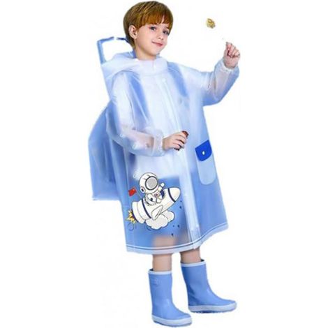 Verdickte, wiederverwendbare Regenponchos für Kinder mit Kapuze, Ärmeln und Rucksackfach. Für Jungen und Mädchen. Raketen- und Astronautenmotiv. Knopfverschluss. Größe S (95–105 cm). (1/5)