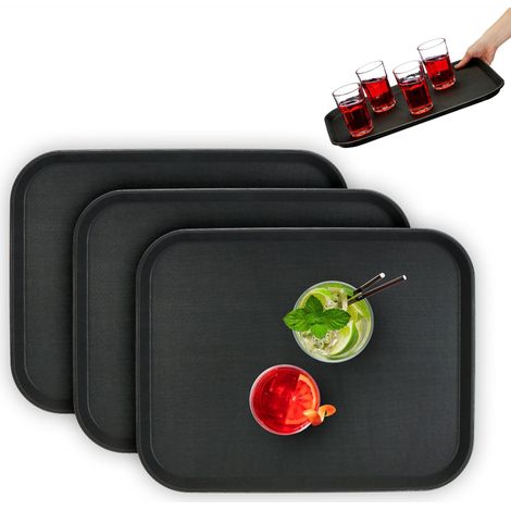 Relaxdays 3x Serving Trays, Rectangular, Drinks Plate, Non-Slip Rubber Surface, Waiter's Catering, 2 x 46 x 35 cm, Black