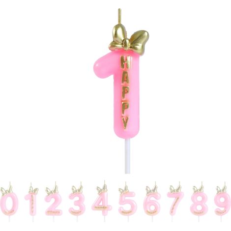 Bougie d'anniversaire rose avec nœud papillon et bougie dorée métallique en forme de chiffre 1 pour gâteau d'anniversaire sur le thème de la souris (12 cm) (1/5)