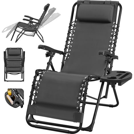 Homevive Silla Plegable de Gravedad Cero Tumbona Reclinable para Exterior con Reposacabezas Portavasos Gris Oscuro (1/5)