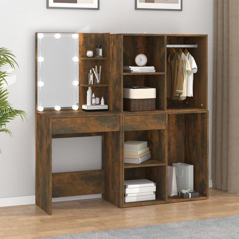Coiffeuse à LED avec armoire Table de maquillage pour studio,chambre Compartiments de Rangements Chêne fumé Bois d'ingénierie DNBD24060 (1/5)