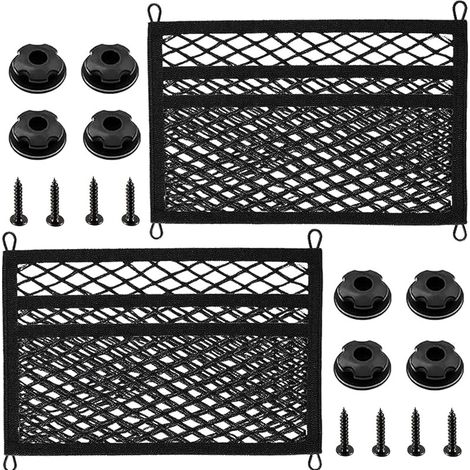 Filet de Rangement 3 Couches pour Coffre de Voiture 45 x 25 cm, Filet à Bagages élastique, Universel pour Voitures, caravanes, camions, Bateaux, Fixation par perçage (2 pièces, Noir) (1/5)