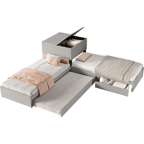 Lit d’angle 90x200 avec lit gigogne, rangement et tiroirs gris