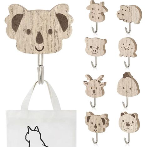 8 PCS Patere Murale Enfant, Crochet Mural en Bois pour Animaux, Crochets Autocollants en Bois, patere murale bois, pour Vêtements Clés Chapeaux Sacs Bijoux Salle de Bain Chambre Maison (1/5)