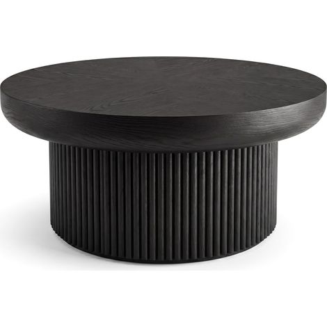 Table basse ronde 78 cm avec plateau en parquet bois véritable et pied cylindrique cannelé noir (1/5)