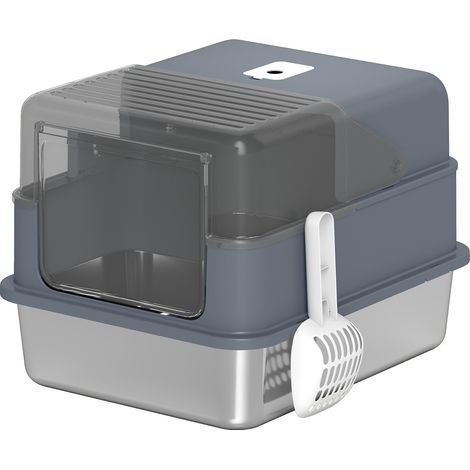 Maison de toilette pour chat 2 en 1 en acier inoxydable - Grand, gris - Bac à litière fermé avec couvercle et pelle - Pour chat - Design hygiénique et robuste (1/5)