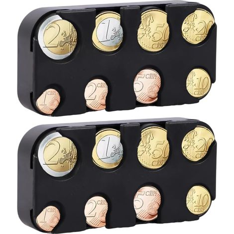 2 Pièces boîtes de rangement Organiseur pour monnaie, Idéales comme distributeur ou porte-monnaie trieur, avec 8 compartiments de 2 euros à 1 centime, monnayeur pour voiture et taxi (Noir)