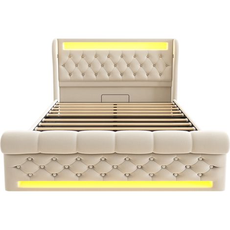 Letto contenitore 140x190 cm in velluto beige con LED USB e USB-C (1/5)