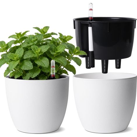 Pot de fleurs auto-arrosant 17,5cm avec indicateur de niveau d'eau blanc (1/5)