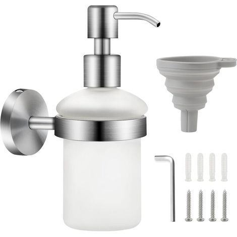 Distributeur de savon en verre - 200 ml - Shampoing - Bouteille de gel douche - Montage mural - Boîte de désinfection des mains - Porte-savon - Bouteille en verre satiné avec support amovible (1/5)