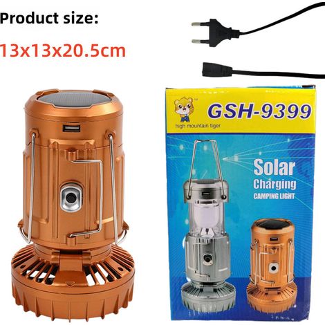 Neue multifunktionale COB-Solar-Campinglampe mit Lüfter, Sonnenaufladung und Notbeleuchtung (große Campinglampe, goldfarben, europäischer Standard)
