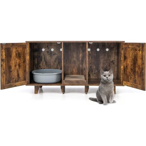 COSTWAY Cajas de Arena para Dos Gatos, Casa de Baño Oculto para Mascota con 2 Puertas, Arenero Cubierto con Entrada Sinuosa y Tablero Rascador, Mesa Auxiliar para Gatos 120 x 52 x 65 cm (Café)