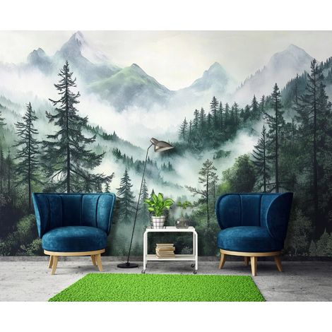 Vlies Fototapete Berge Gebirge 150x105 cm, Tapeten, für Wohn und Schlafzimmer, Vliestapete Wandtapete Tapete 3D Effekt- inkl. Kleister - Landschaft Natur Nebel Wald, WallArena (1/4)