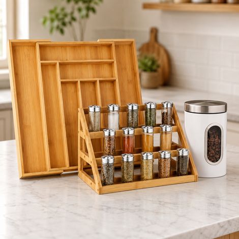 Bambus-Küchenorganizer-Set (3-teilig) – Besteckkorb, Gewürzregal & Vorratsglas (1/5)