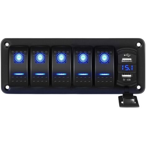 Panneau de Commutateur à Bascule Interrupteur à Bascule LED Bleu Voltmètre Numérique Double USB Chargeur pour Véhicules Bateaux Camping-car Camion (Noir, 5 Gang) (1/5)