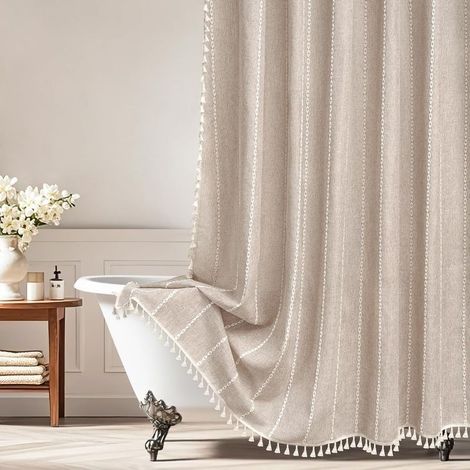 Duschvorhang – Leinen – 180 x 180 cm – Wasserdicht – Fransen – 12 verstärkte Ösen – Boho-Landhausstil (1/5)