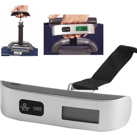 Balanza digital portátil para equipaje con pantalla LCD, función de medición de temperatura y retroiluminación – modelo de plástico color plata, capacidad de 50 kg, precisión de 10 g, batería de iones (1/5)