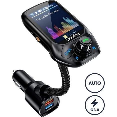 Transmetteur FM Kit Bluetooth Voiture Adaptateur Voiture, Automodulation de FM Fréquence, 3 USB Inclus QC3.0 Charge Rapide,1.8” Ecra (1/4)
