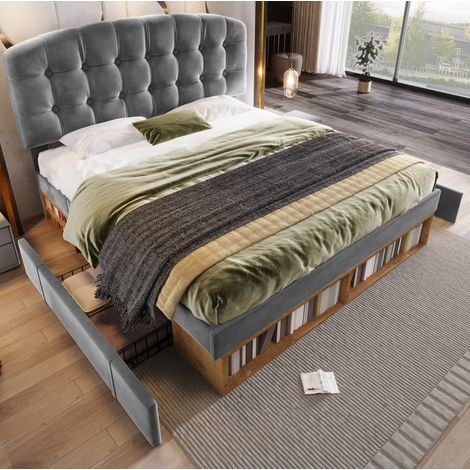 lit adulte rangement 140x190 velours gris tete reglable HAVRYA (1/5)
