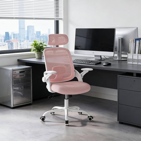 Chaise de bureau 63.5x47x109.5-117.5 cm rose en maille et métal avec appui-tête réglable (1/3)