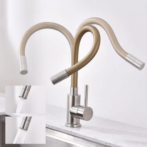 Robinet Cuisine Flexible, Robinet d'évier de Cuisine avec 2 Types de Jet d'eau, Mitigeur d'Evier Orientable à 360°, Robinets Haute pression, Acier Inoxydable (Or avec 2 Modes) (1/5)