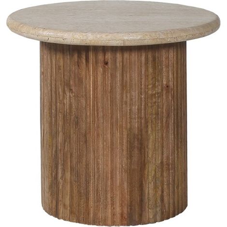 Couchtisch MAELORA – Runder Couchtisch Ø50 cm – Mangoholz & Travertin – Natürliches und elegantes Design