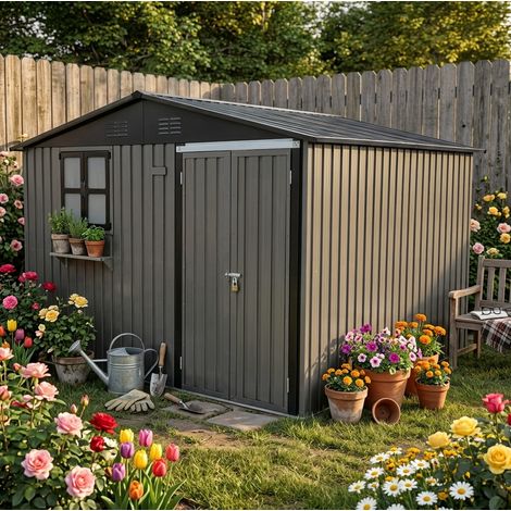 Abri de jardin en acier galvanisé 295x243,6 cm marron, fenêtres ouvrantes, pour jardin FloraGrace (1/5)