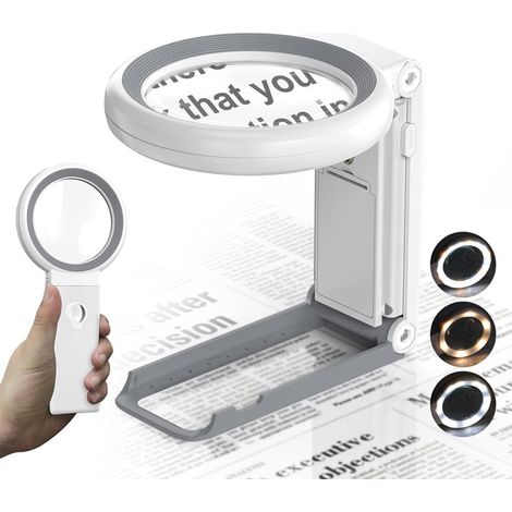 Lupa con luz y soporte, lupa de lectura plegable de 30x y 10x con 18 luces LED, lupa de mano de cristal grande regulable, lupa de escritorio. (1/5)